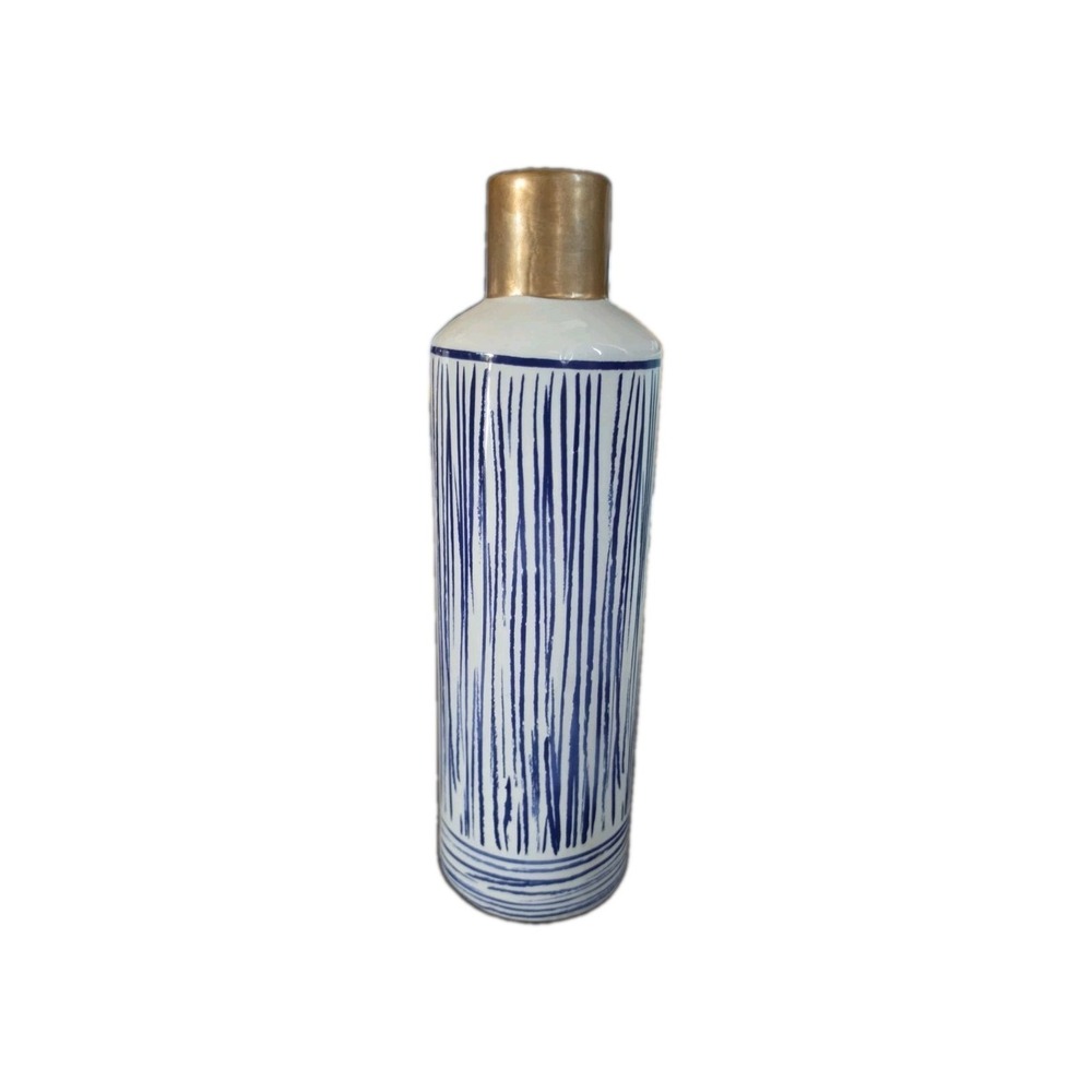 White & Blue Striped Ceramic Bottle Vases, Glossy Gold Rim 10.5 Inches